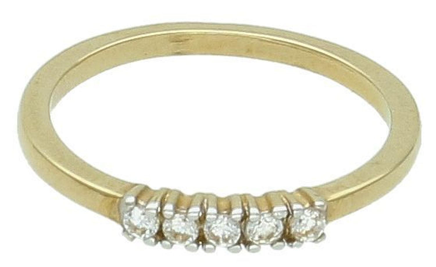 Złoty pierścionek damski 585 Delikatne cyrkonie  Pierścionek wykonany z białego14 karatowego złota. Złota obrączka ozdobiona rzędem 5 cyrkonii osadzonych centralnie. 1.jpg