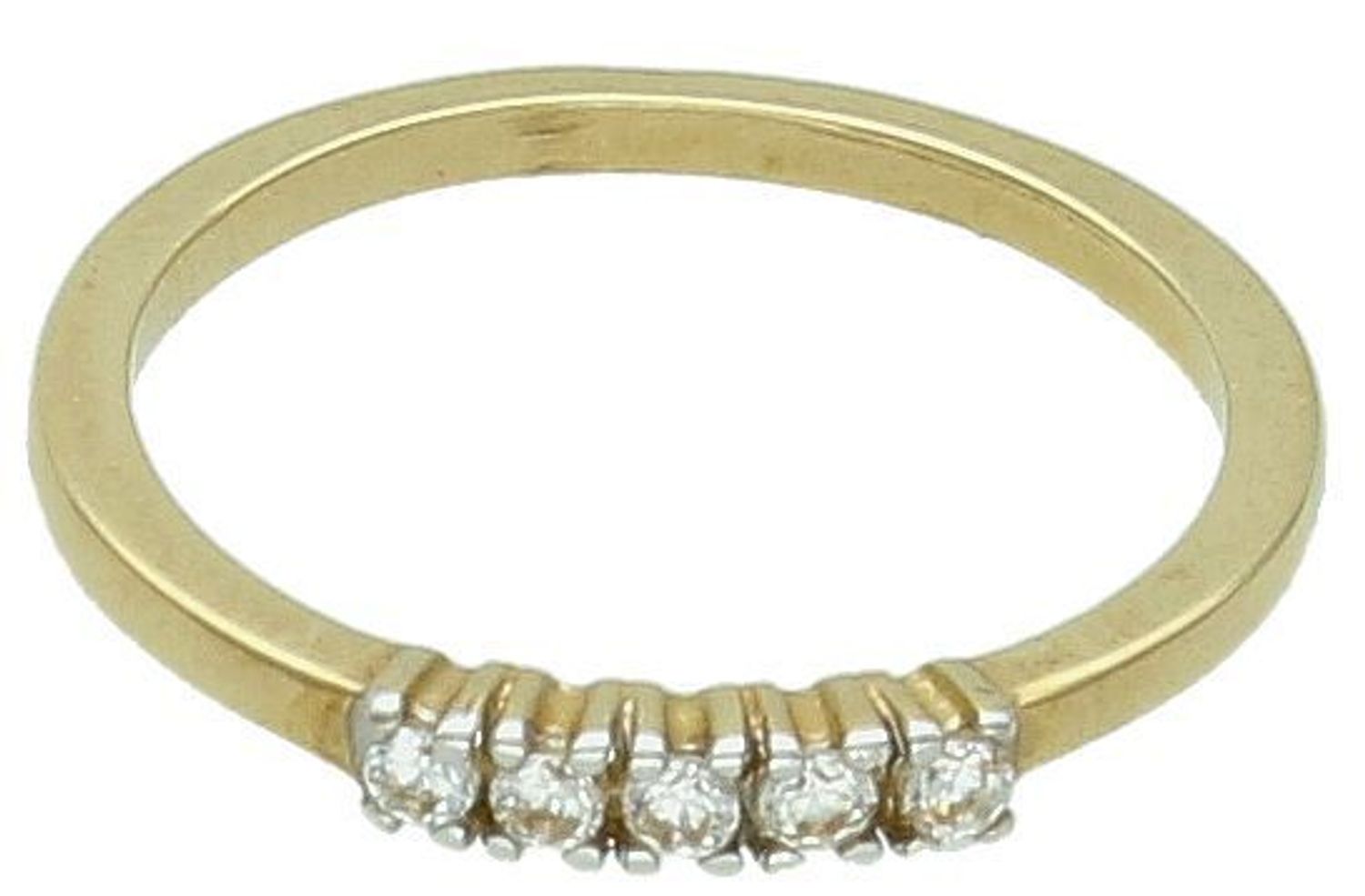 Złoty pierścionek damski 585 Delikatne cyrkonie  Pierścionek wykonany z białego14 karatowego złota. Złota obrączka ozdobiona rzędem 5 cyrkonii osadzonych centralnie. 1.jpg