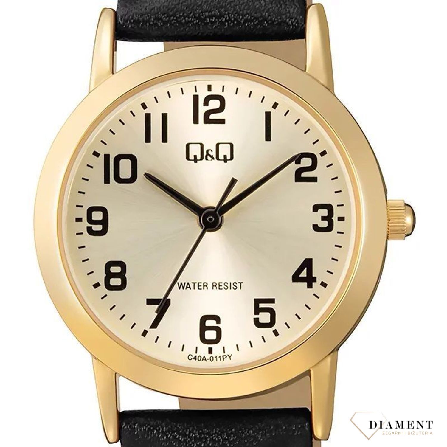 Zegarek damski QQ na czarnym pasku złota tarcz z cyframi C40A-011P. Zegarki damskie wyraźne. Zegarek dla starszej osoby. Klasyczny tani zegarek na pasku. Pomysł na prezent dla starszej osoby. Zegarek dla seniora. Zeg.jpg