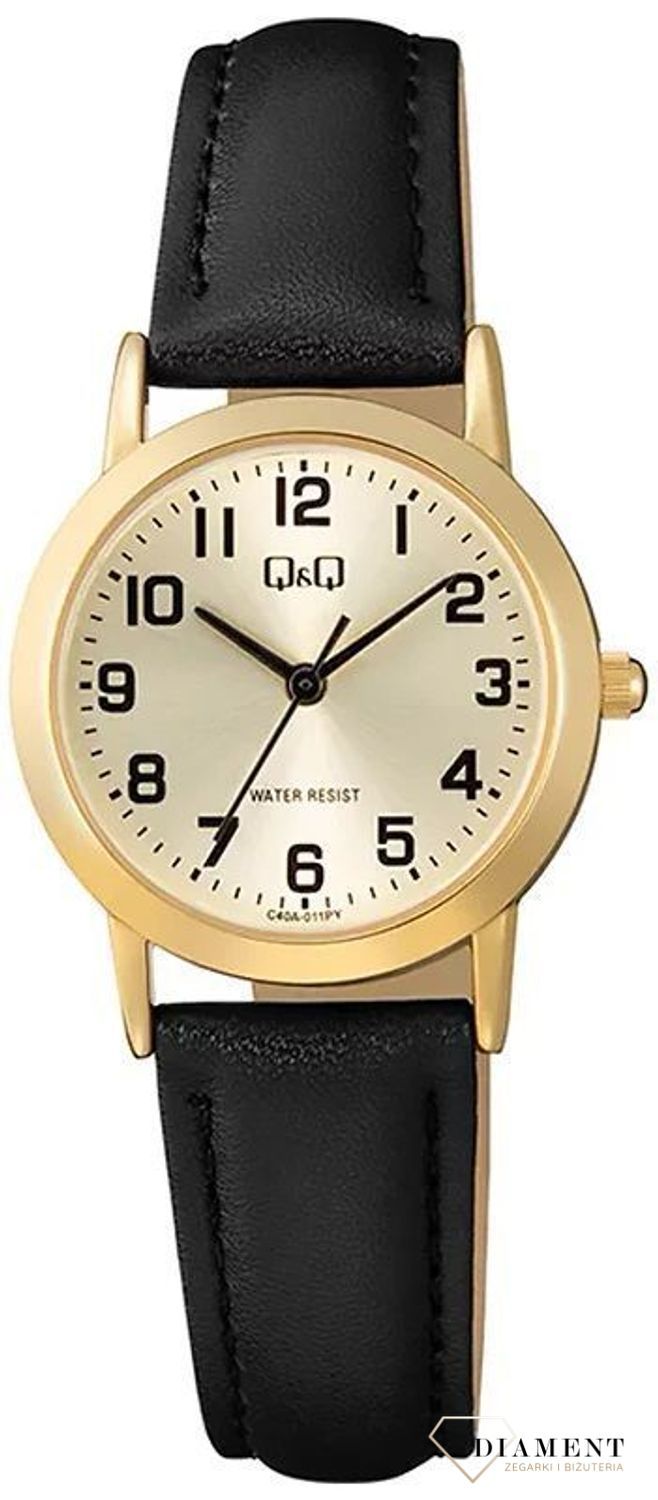 Zegarek damski QQ na czarnym pasku złota tarcz z cyframi C40A-011P. Zegarki damskie wyraźne. Zegarek dla starszej osoby. Klasyczny tani zegarek na pasku. Pomysł na prezent dla starszej osoby. Zegarek dla seniora. Zeg.jpg