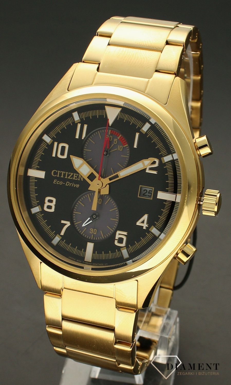 Zegarek męski Citizen Eco-Drive Sports CA7022-87E. Męski zegarek sportowy Citizen. Męski zegarek na złotej bransolecie. Zegarek męski Citizen Eco Drive. Zegarek męski z wodoszczelnością 10BAR. Zegarek męski na bransolecie z chronografem na prez.jpg