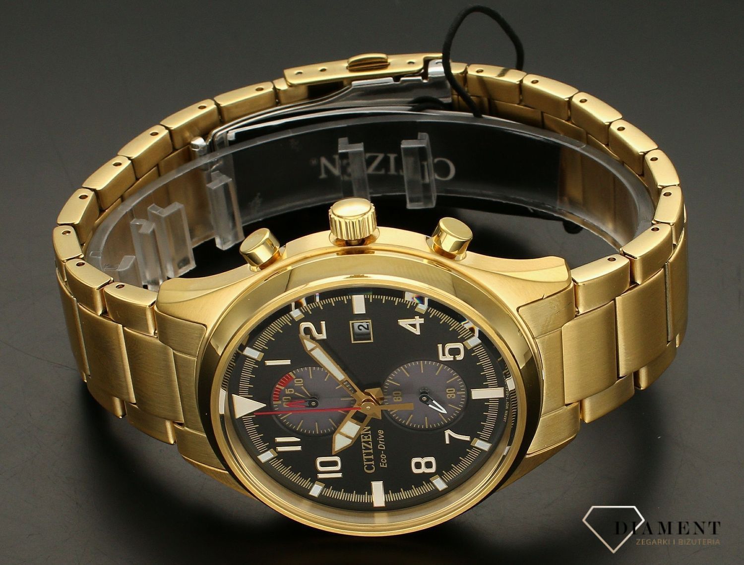 Zegarek męski Citizen Eco-Drive Sports CA7022-87E. Męski zegarek sportowy Citizen. Męski zegarek na złotej bransolecie. Zegarek męski Citizen Eco Drive. Zegarek męski z wodoszczelnością 10BAR. Zegarek męski na bransolecie z chronografem na prez.jpg