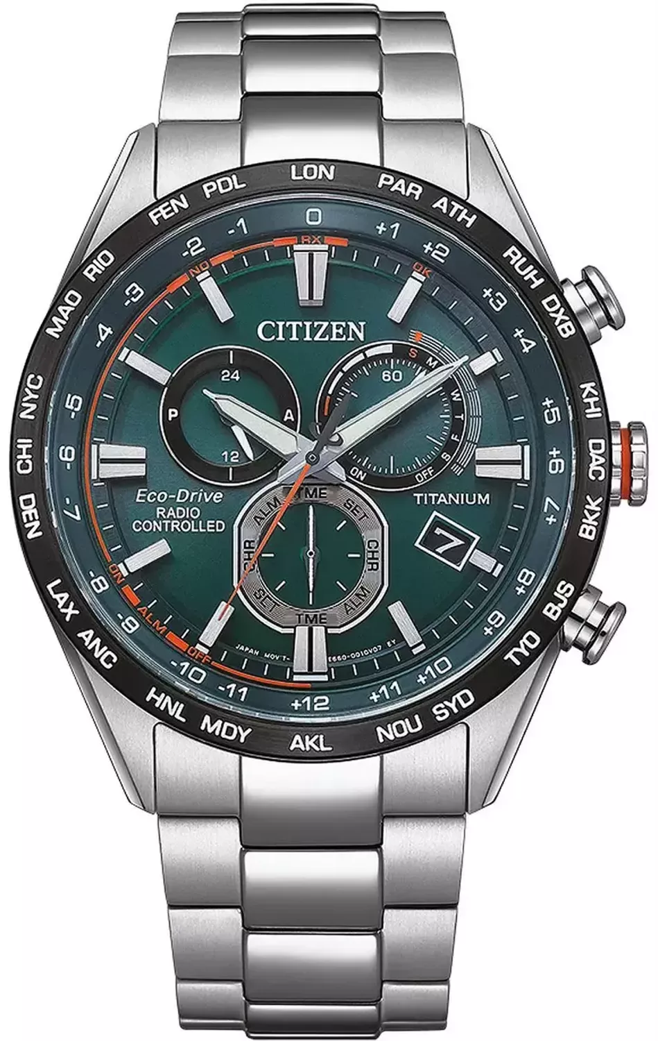 Zegarek męski Citizen Promaster CB5946-82X tytanowy Eco-Drive Radio Controlled 10 ATM zielona tarcza.webp