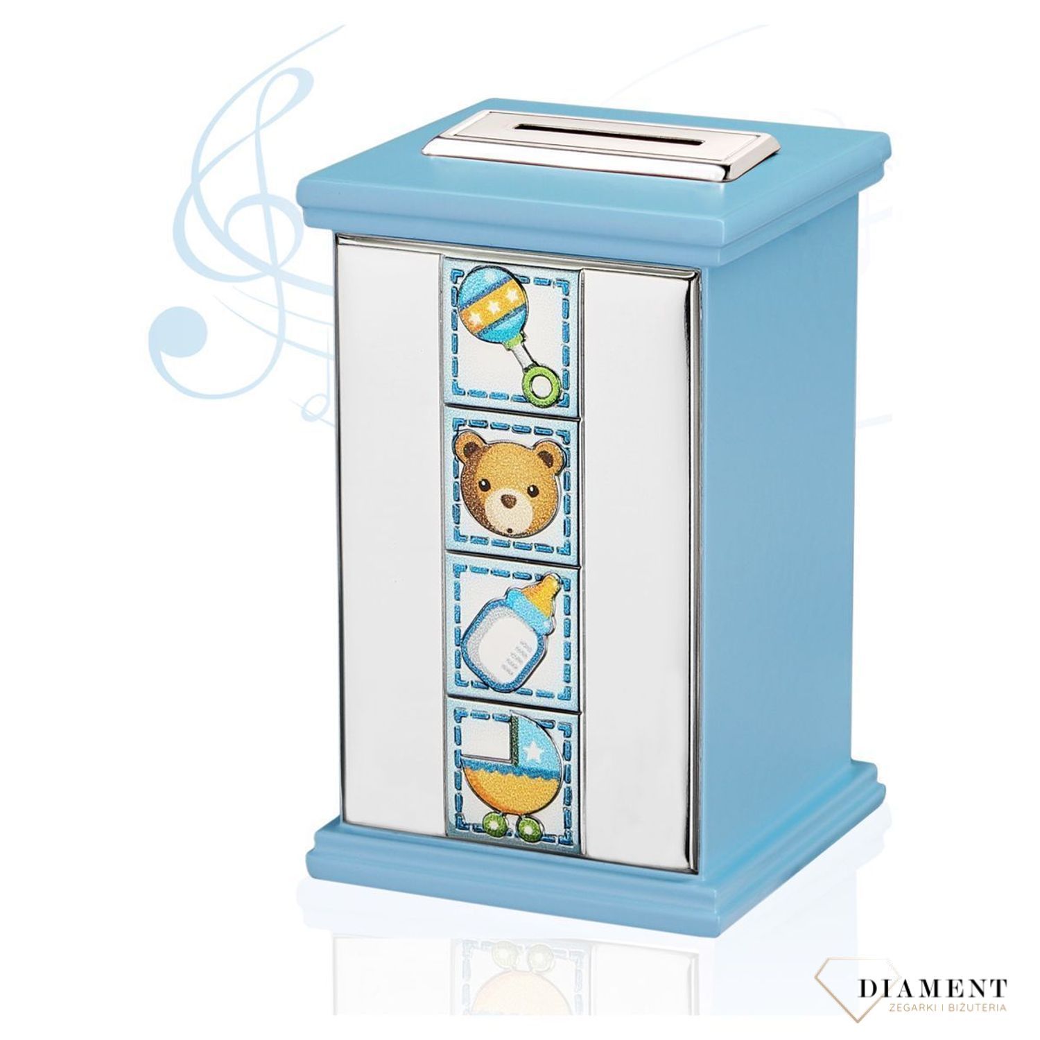 Skarbonka posrebrzana z pozytywką dla chłopca CM271802. Prezent na narodziny dziecka, na chrzciny. Skarbonka z okazji chrzcin..jpg