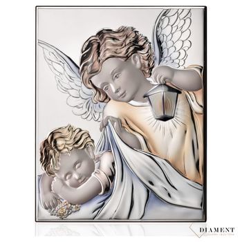 Obrazek srebrny z Aniołem Stróżem to piękna ozdoba dziecięcego pokoju. Pamiątka jest symbolicznym przedstawieniem opieki roztoczonej nad malcem przez Bożą.jpg