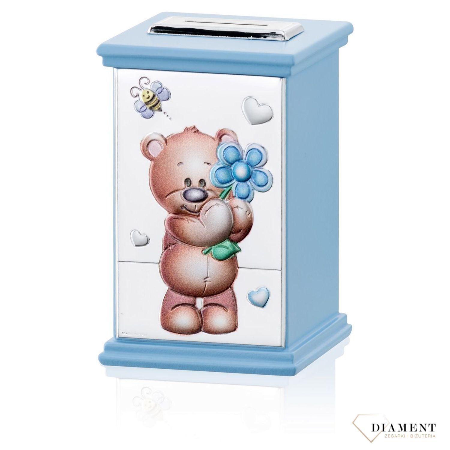 Skarbonka posrebrzana dla chłopca Niebieski miś CM453008. Skarbonka na prezent. na chrzciny, urodziny, narodziny dziecka..jpg