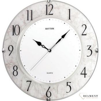Zegar na ścianę do salonu Rhythm 'Szklany marmur' to nowoczesny zegar na ścianę, który jest bardzo czytelny. Idealny na prezent na rocznicę Ślubu..jpg