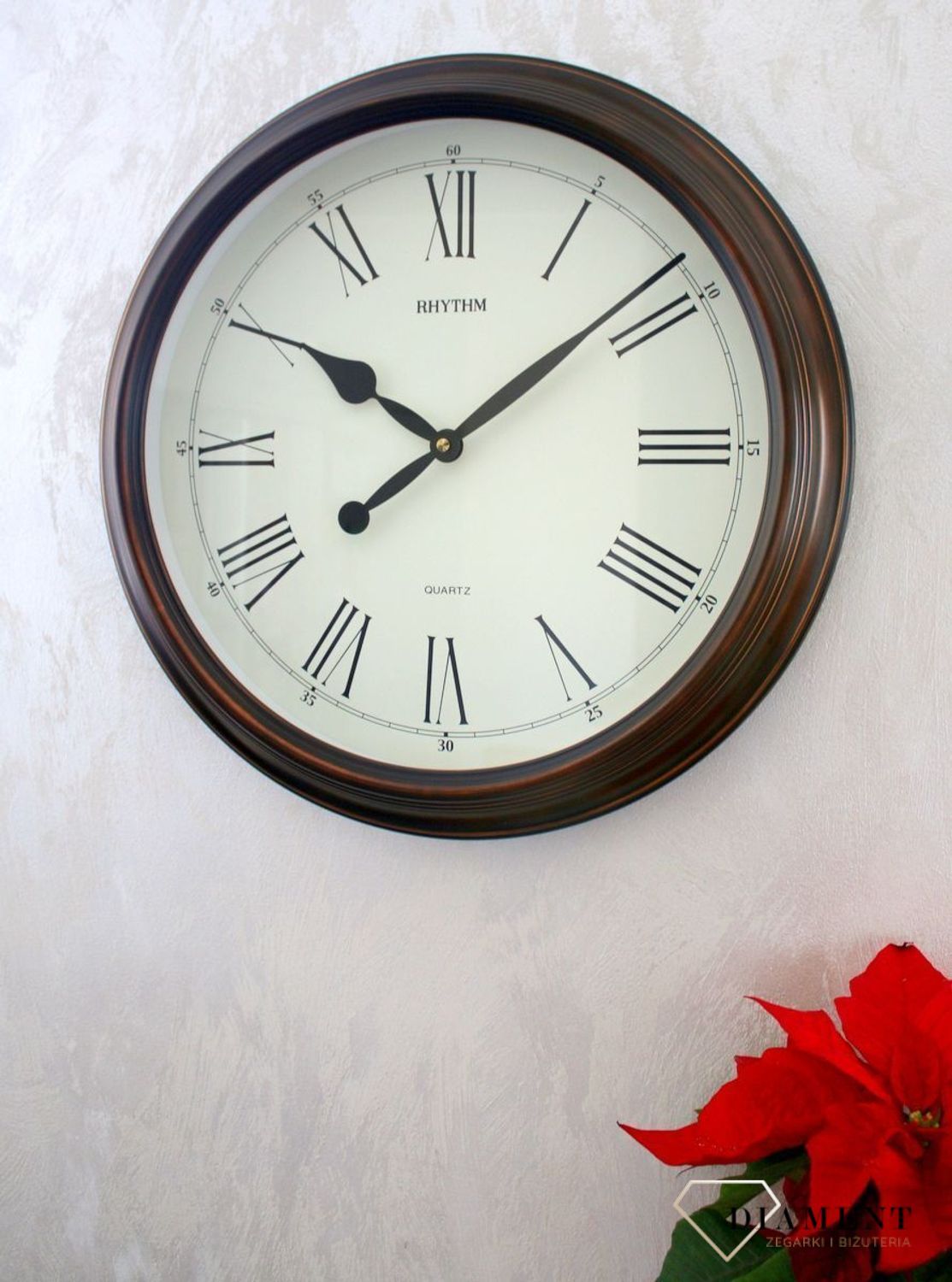 Zegar na ścianę drewniany okrągły 47 cm CMG736NR35. Zegar ścienny drewniany japoński RHYTHM CMG736NR35 wyposażony jest w kwarcowy mechanizm, zasilany za pomocą baterii (1).JPG