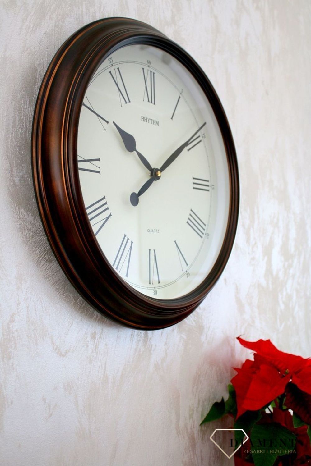 Zegar na ścianę drewniany okrągły 47 cm CMG736NR35. Zegar ścienny drewniany japoński RHYTHM CMG736NR35 wyposażony jest w kwarcowy mechanizm, zasilany za pomocą baterii (1).JPG