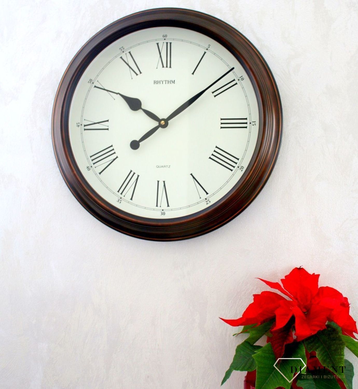 Zegar na ścianę drewniany okrągły 47 cm CMG736NR35. Zegar ścienny drewniany japoński RHYTHM CMG736NR35 wyposażony jest w kwarcowy mechanizm, zasilany za pomocą baterii (1).JPG