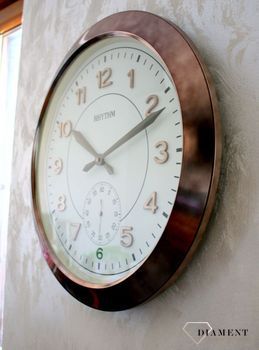 Zegar ścienny metalowy Kolor platyny Rhytm CMG771NR02. Zegar ścienny dużych rozmiarów marki Rhytm styl vinatge. Zegar w kolorze starego złota (1).JPG
