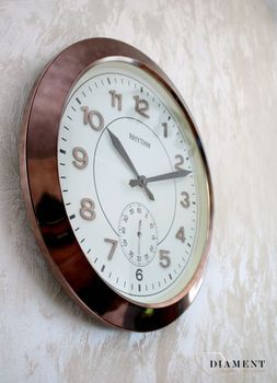 Zegar ścienny metalowy Kolor platyny Rhytm CMG771NR02. Zegar ścienny dużych rozmiarów marki Rhytm styl vinatge. Zegar w kolorze starego złota (2).JPG