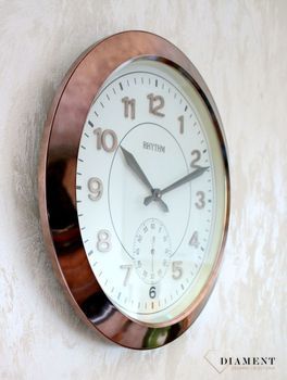 Zegar ścienny metalowy Kolor platyny Rhytm CMG771NR02. Zegar ścienny dużych rozmiarów marki Rhytm styl vinatge. Zegar w kolorze starego złota (3).JPG