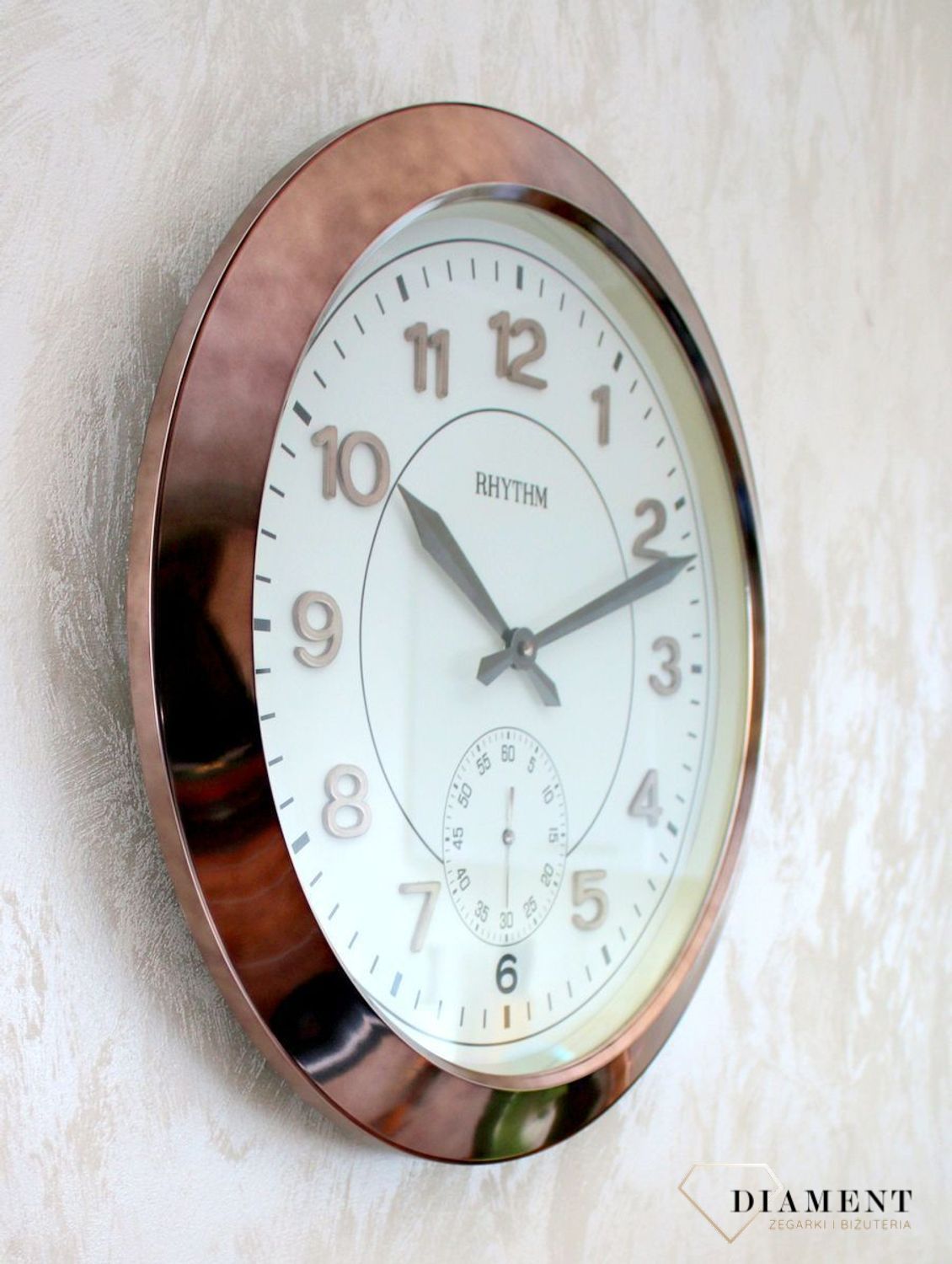 Zegar ścienny metalowy Kolor platyny Rhytm CMG771NR02. Zegar ścienny dużych rozmiarów marki Rhytm styl vinatge. Zegar w kolorze starego złota (5).JPG