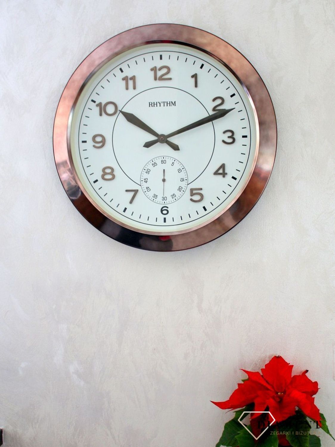 Zegar ścienny metalowy Kolor platyny Rhytm CMG771NR02. Zegar ścienny dużych rozmiarów marki Rhytm styl vinatge. Zegar w kolorze starego złota (5).JPG