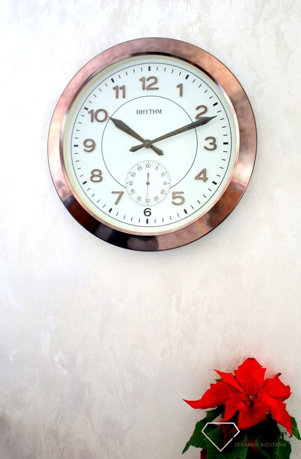 Zegar ścienny metalowy Kolor platyny Rhytm CMG771NR02. Zegar ścienny dużych rozmiarów marki Rhytm styl vinatge. Zegar w kolorze starego złota (5).JPG