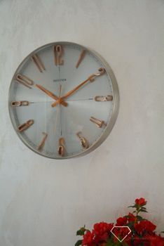 Zegar ścienny do salonu srebrny Rhythm z różowym złotem CMG554NR19. Zegar ścienny do salonu zachowany w nowoczesnej formie. Okrągła obudowa wykonana z wysokiej jakości materiału metalu (8).JPG