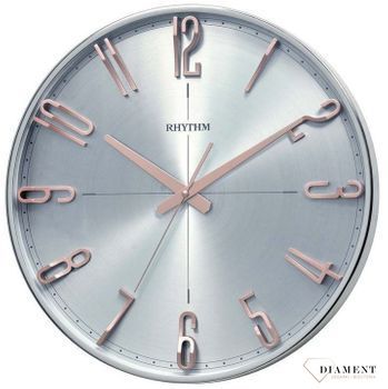 Zegar ścienny do salonu srebrny Rhythm z różowym złotem CMG554NR19.jpg
