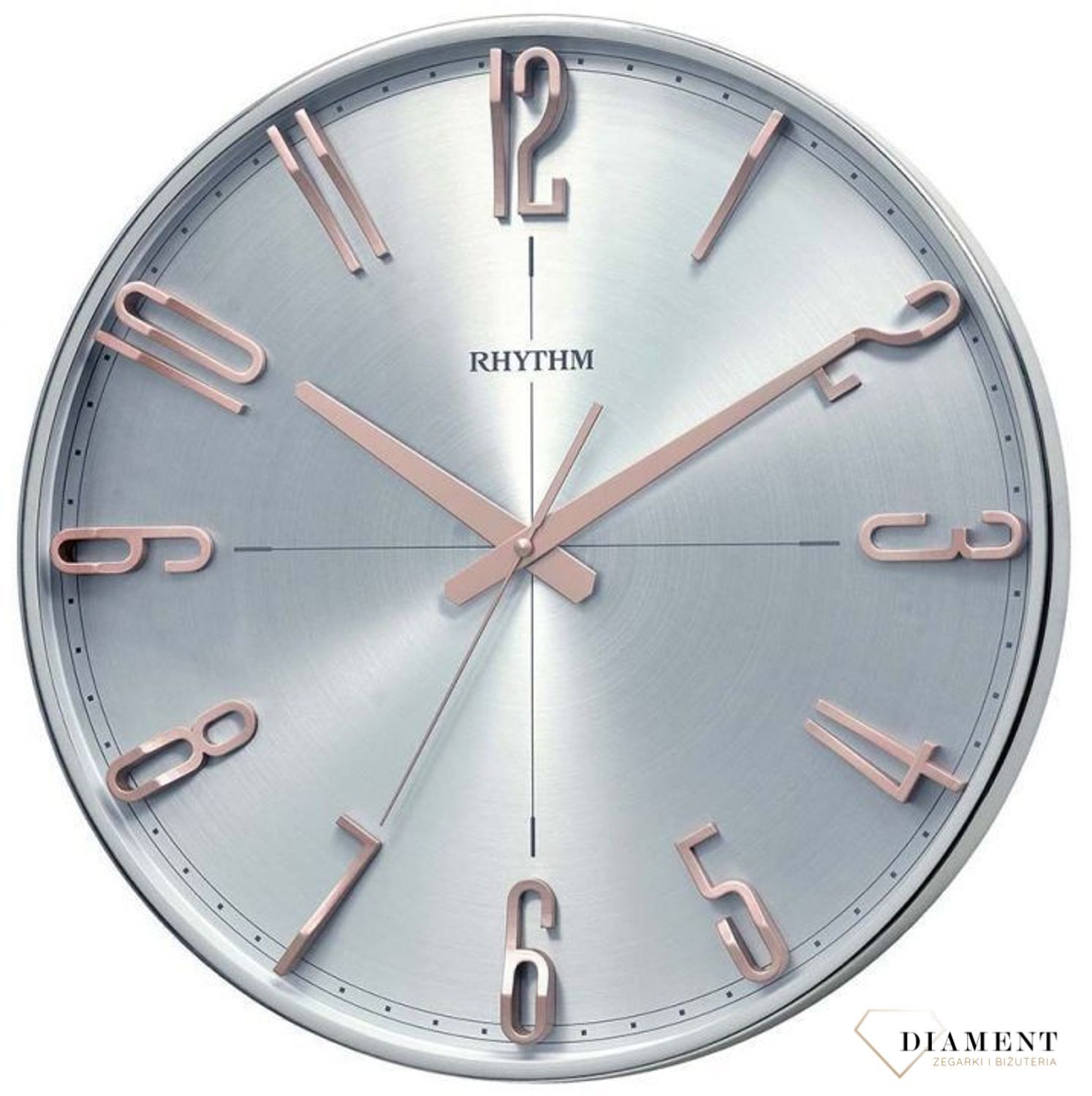 Zegar ścienny do salonu srebrny Rhythm z różowym złotem CMG554NR19.jpg