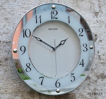 Zegar na ścianę do salonu Rhythm 'Srebrne lustro' to nowoczesny zegar na ścianę, który jest bardzo czytelny. Idealny na prezent na rocznicę Ślubu. Zegarki-diament (1).JPG