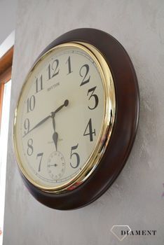 Zegar ścienny drewniany Rhythm melodie, kurant CMH755NR06 🕰 Zegar ścienny do salonu w okrągłej drewnianej obudowie w kolorze orzecha.  (1).JPG