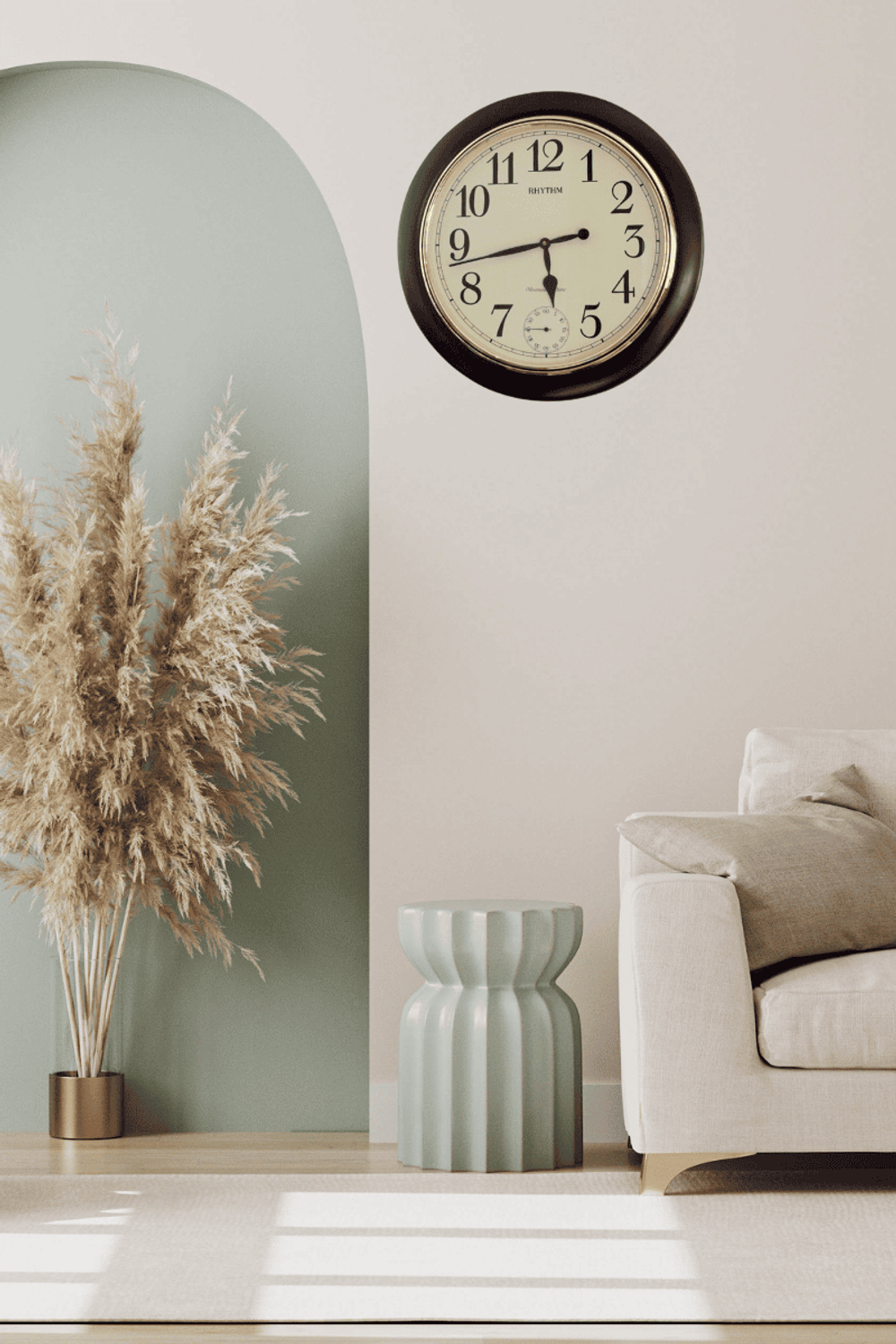 Zegar ścienny drewniany Rhythm melodie, kurant CMH755NR06 🕰 Zegar ścienny do salonu w okrągłej drewnianej obudowie w kolorze orzecha.  (9).JPG