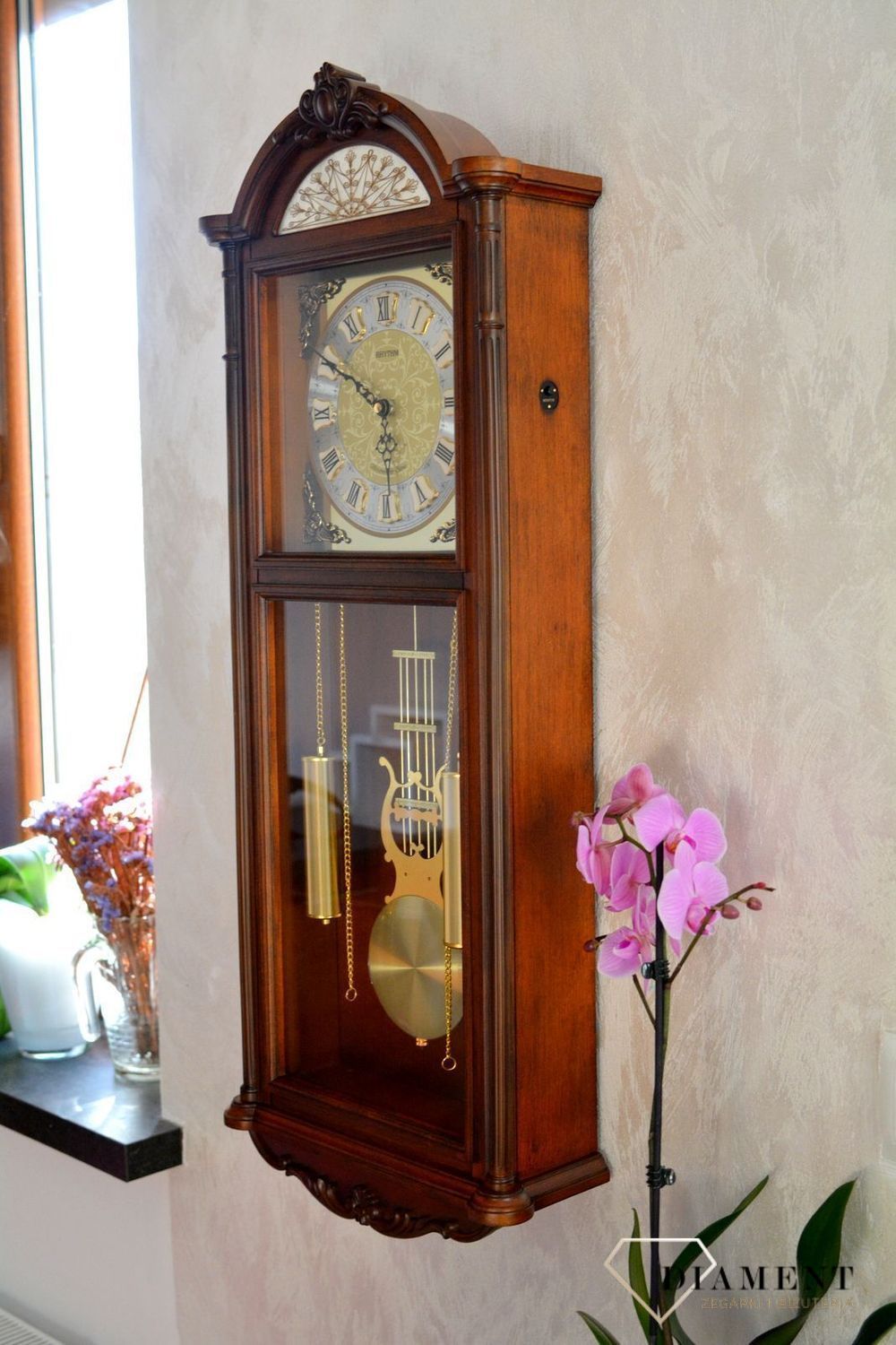 Zegar ścienny drewniany z wahadłem Rhythm CMJ515NR06. Zegar z japońskim mechanizmem. Dwa lata gwarancji. Grawer gratis. Prezent dla rodziców. Zegar ścienny drewniany wiszący (4).JPG