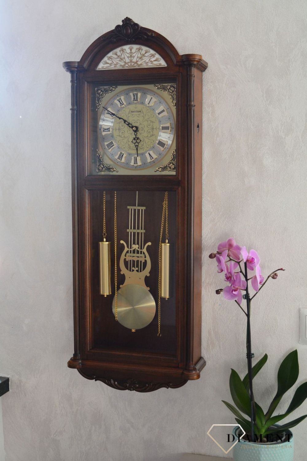 Zegar ścienny drewniany z wahadłem Rhythm CMJ515NR06. Zegar z japońskim mechanizmem. Dwa lata gwarancji. Grawer gratis. Prezent dla rodziców. Zegar ścienny drewniany wiszący (4).JPG