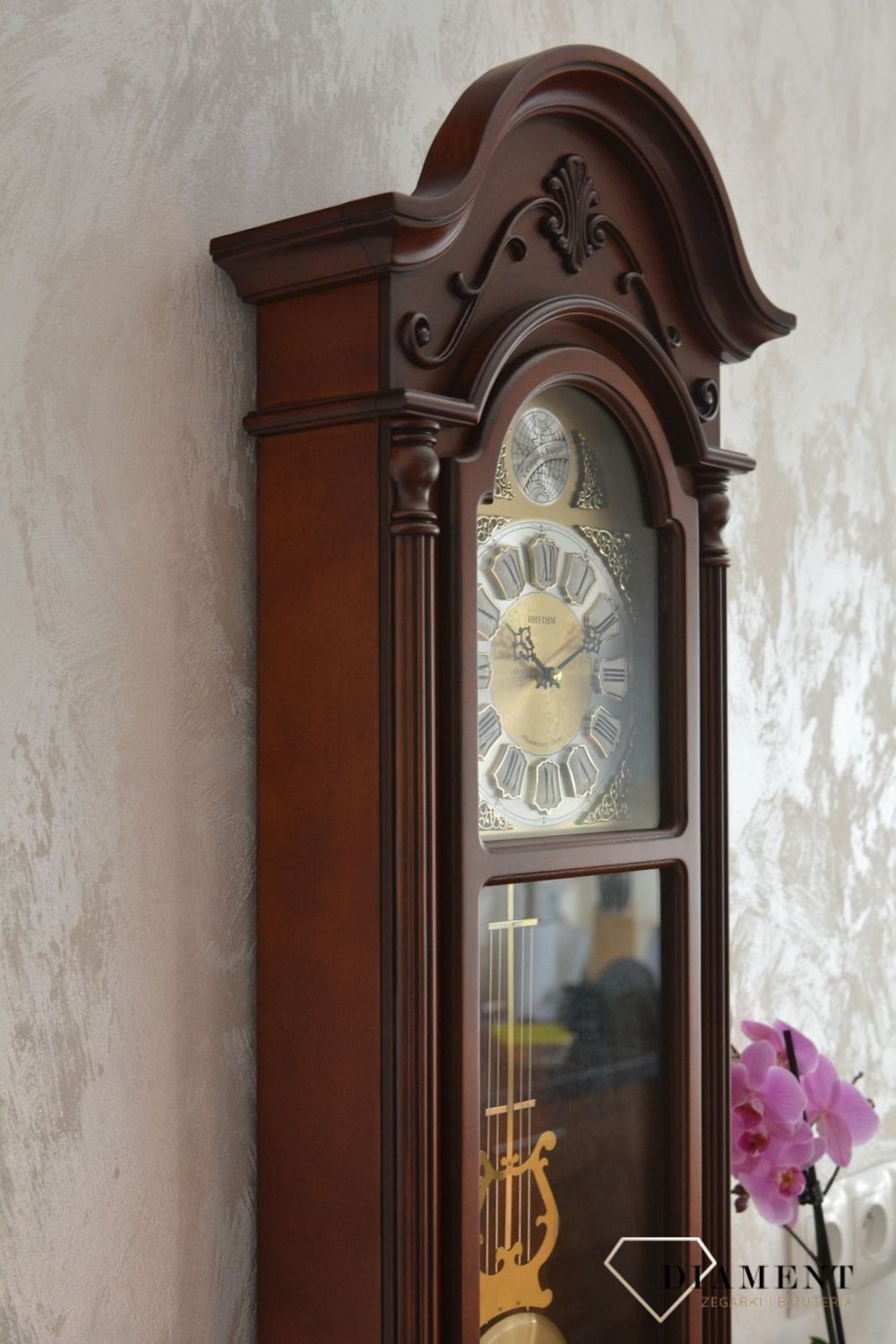Zegar ścienny drewniany z wahadłem Rhythm CMJ578NR06. Zegar z japońskim mechanizmem. Drewniane zegary z duszą na ścianę (10).JPG