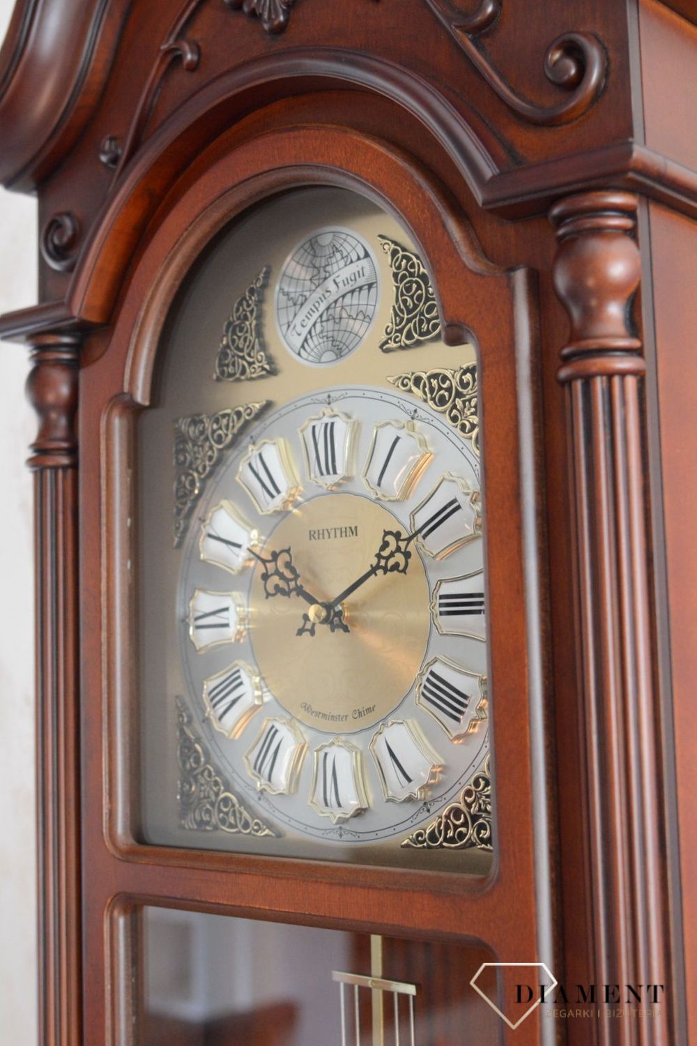 Zegar ścienny drewniany z wahadłem Rhythm CMJ578NR06. Zegar z japońskim mechanizmem. Drewniane zegary z duszą na ścianę (10).JPG