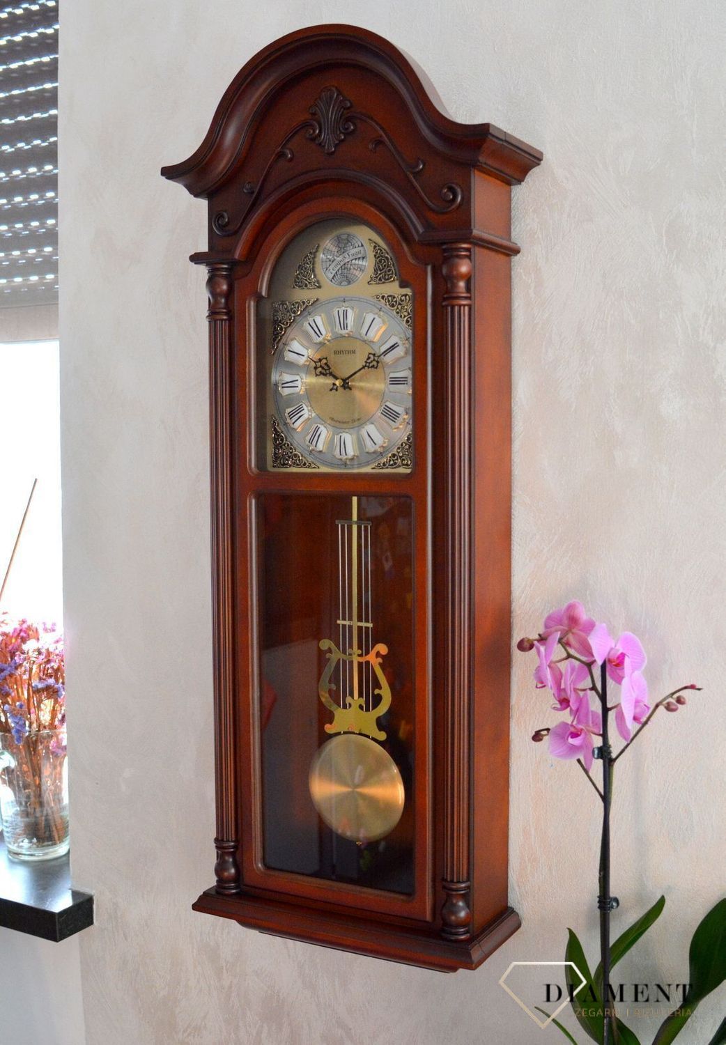 Zegar ścienny drewniany z wahadłem Rhythm CMJ578NR06. Zegar z japońskim mechanizmem. Drewniane zegary z duszą na ścianę (10).JPG