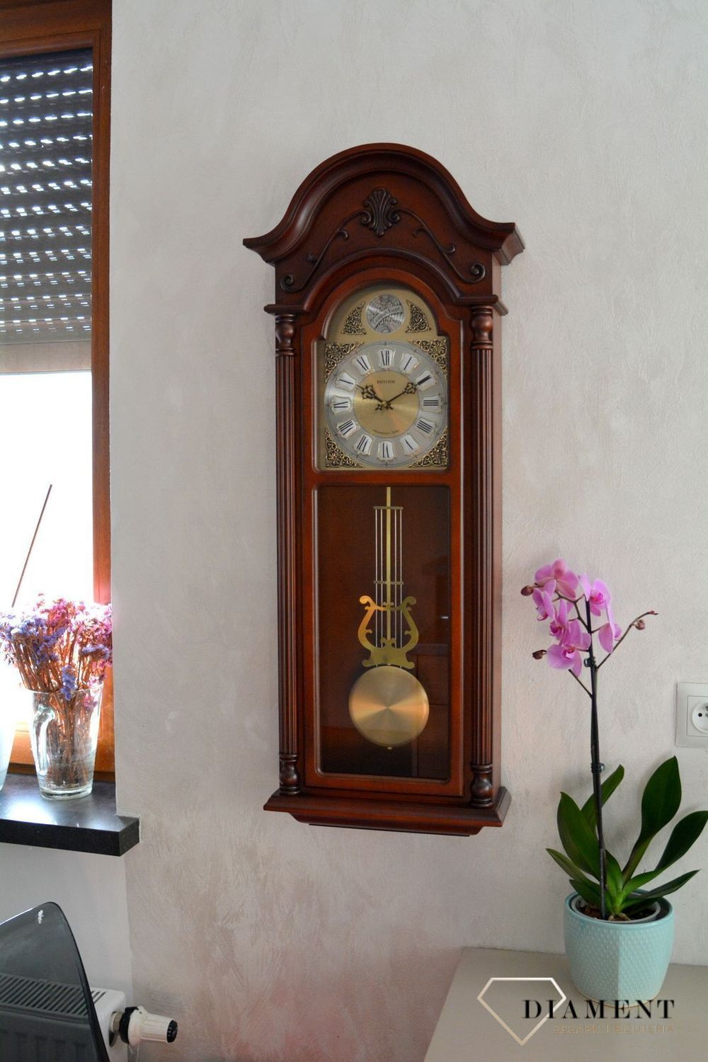 Zegar ścienny drewniany z wahadłem Rhythm CMJ578NR06. Zegar z japońskim mechanizmem. Drewniane zegary z duszą na ścianę (10).JPG