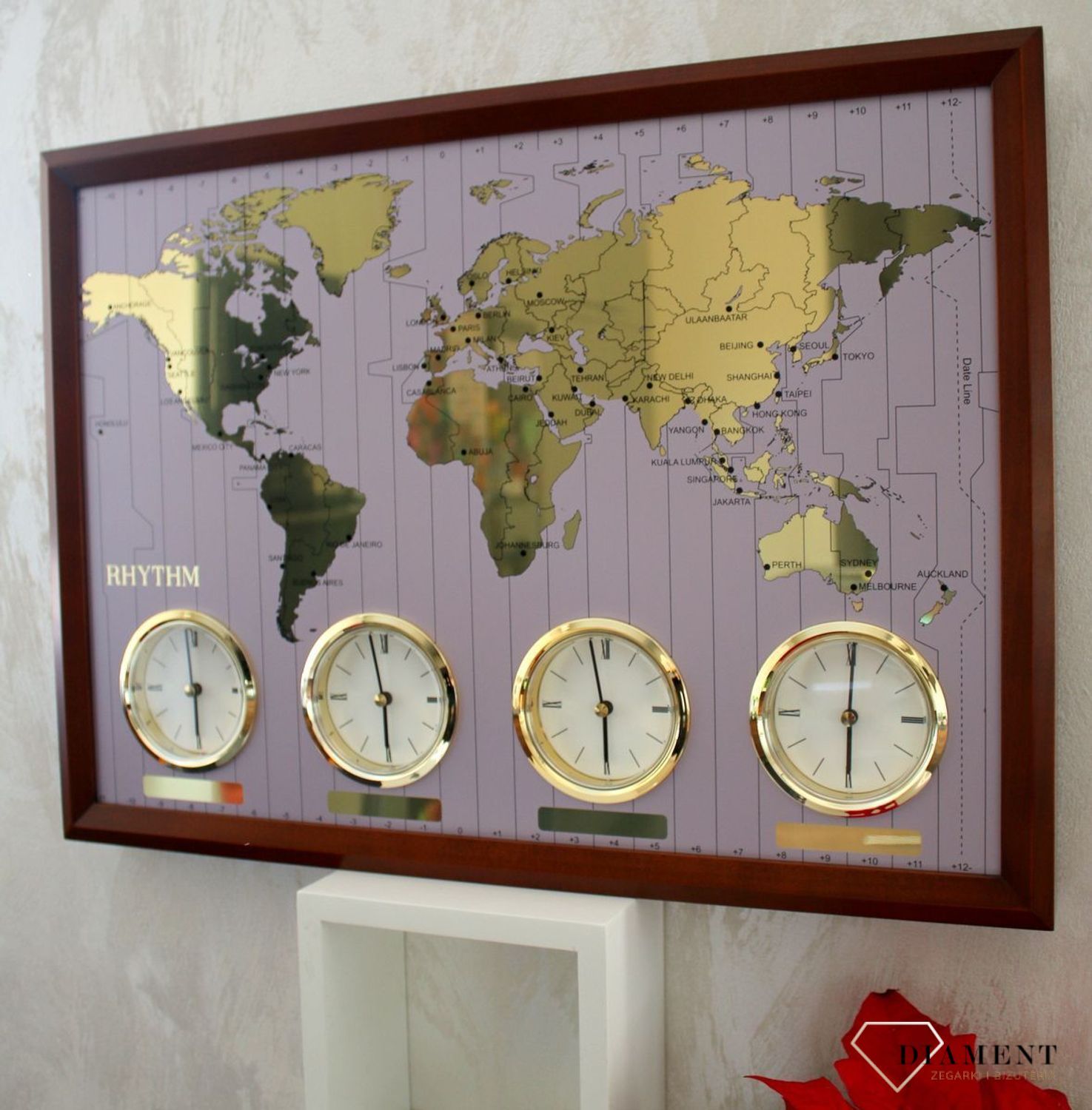 Zegar ścienny strefy czasowe 'Mapa Świata' RHYTHM. Zegar ścienny do hotelu drewniany. Zegar ścienny Czasy Świata. Zegary drewniane. Zegary do hotelu.  (7).JPG