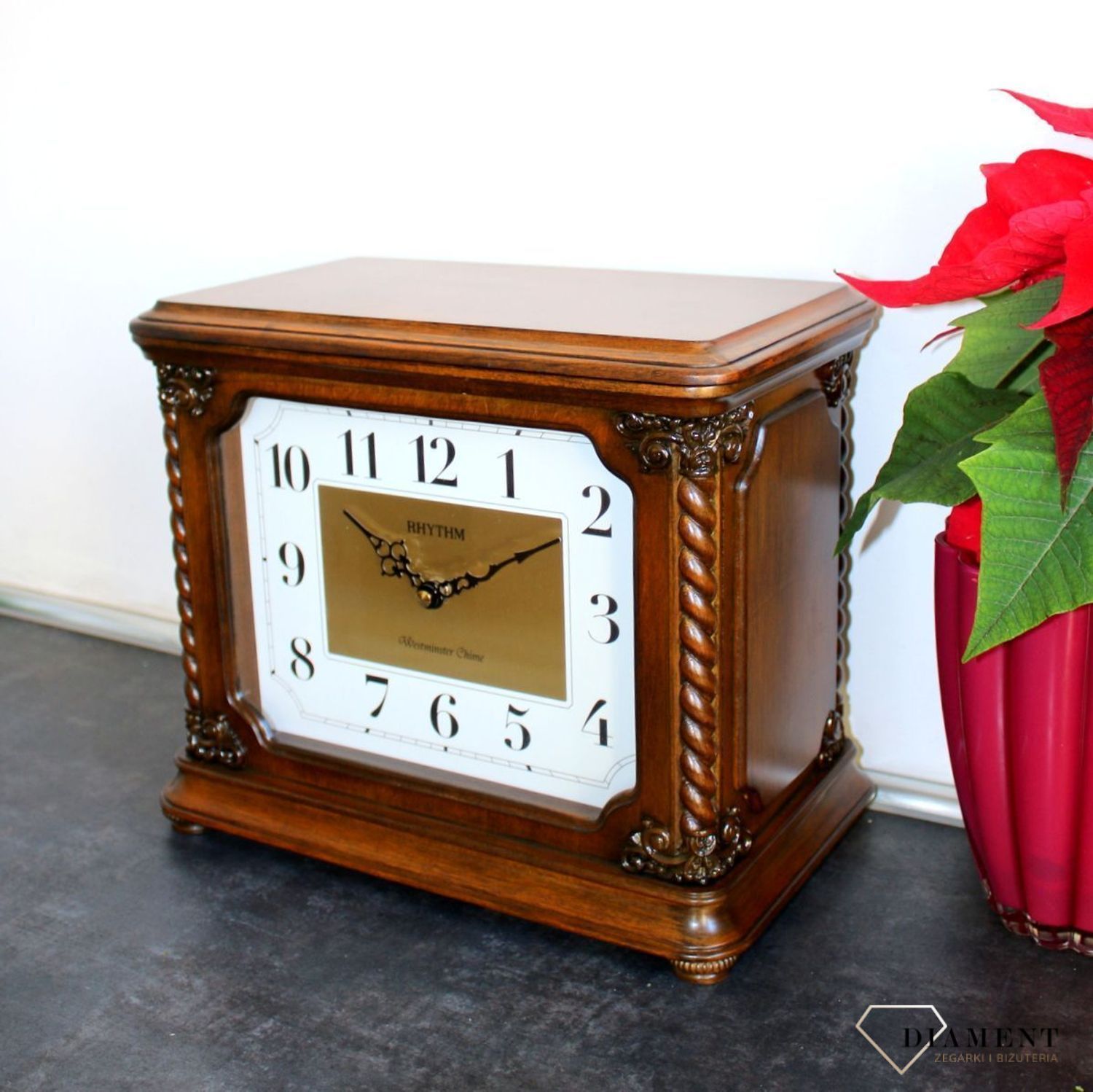 Zegar kominkowy Rhythm drewniany szkatułka na biżuterię i zegarki CRH224NR06. Zegar kominkowy schowek na pieniążki wyposażony jest w kwarcowy mechanizm, zasilany za pomocą baterii. Schowek na pieniądze, zegar (3).JPG