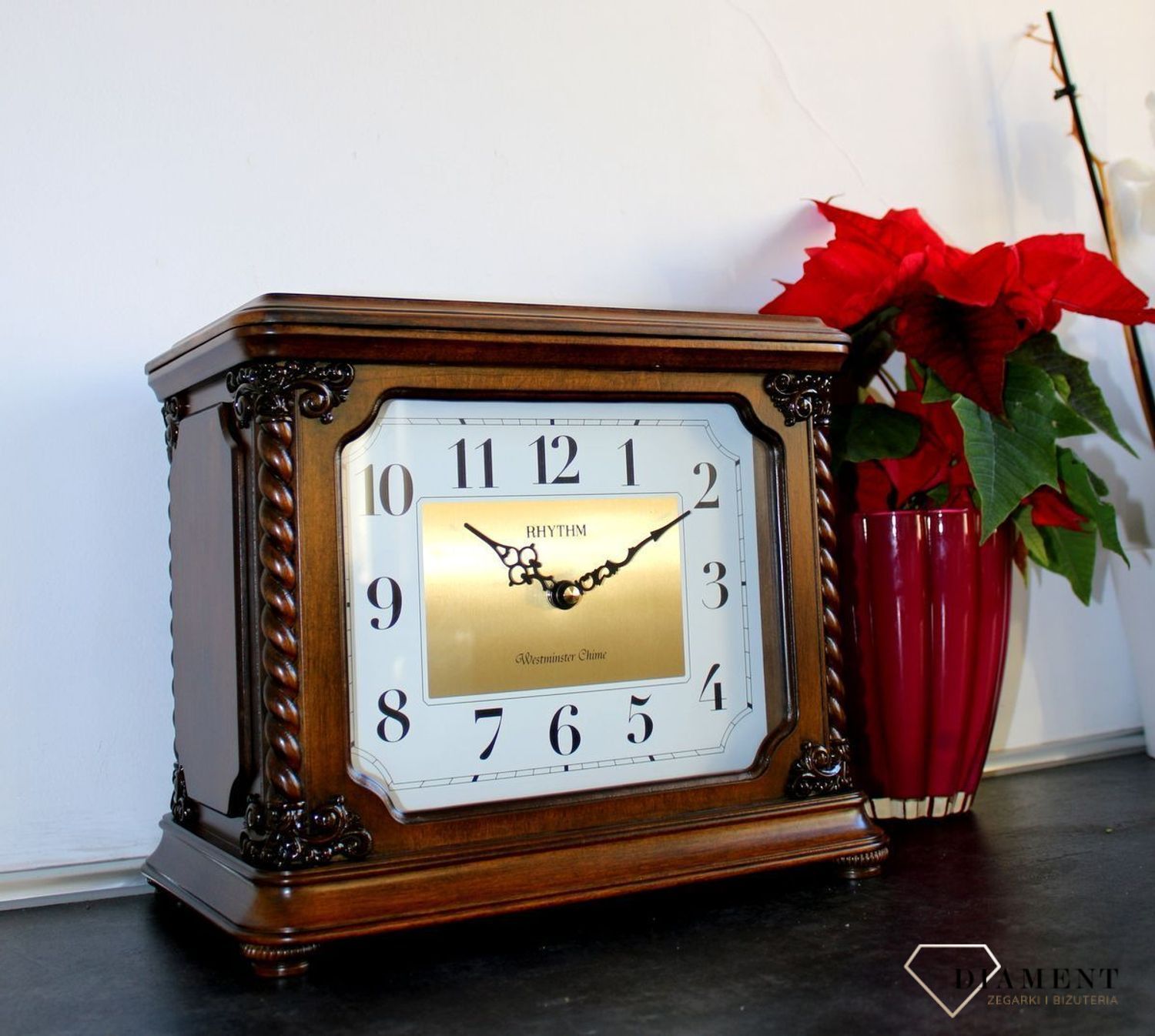 Zegar kominkowy Rhythm drewniany szkatułka na biżuterię i zegarki CRH224NR06. Zegar kominkowy schowek na pieniążki wyposażony jest w kwarcowy mechanizm, zasilany za pomocą baterii. Schowek na pieniądze, zegar (3).JPG