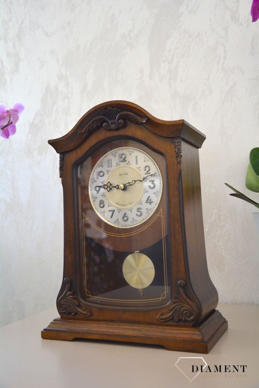 Zegar kominkowy Rhythm CRJ717CR06  Ciemny Orzech, melodyjny, kwarcowy.jpg