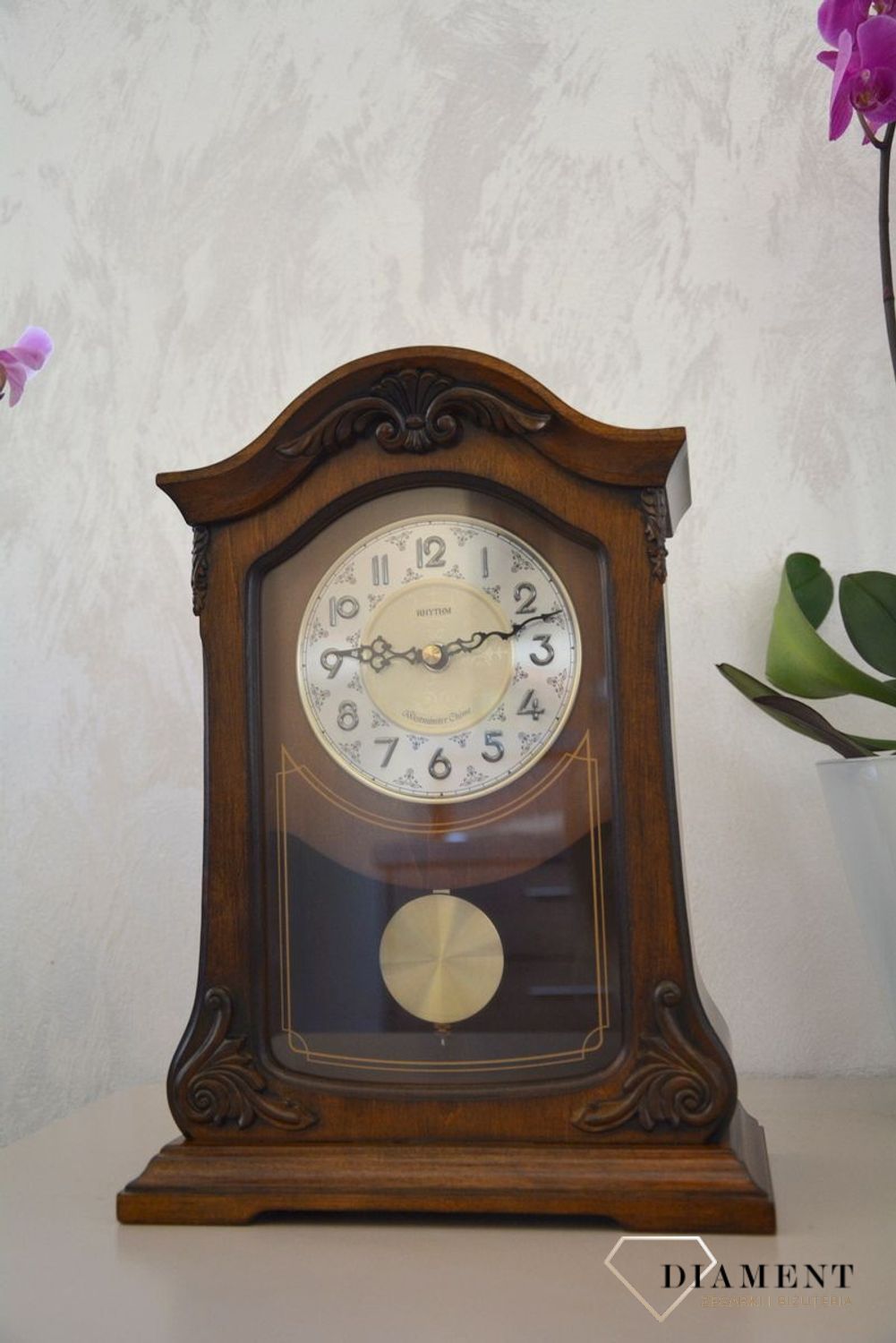 Zegar kominkowy Rhythm CRJ717CR06  Ciemny Orzech, melodyjny, kwarcowy.jpg