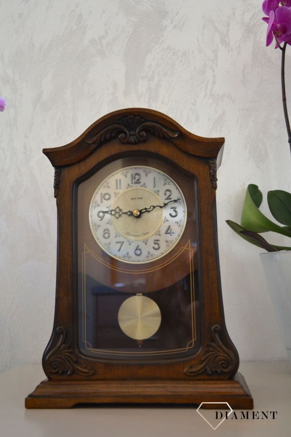 Zegar kominkowy Rhythm CRJ717CR06  Ciemny Orzech, melodyjny, kwarcowy.jpg