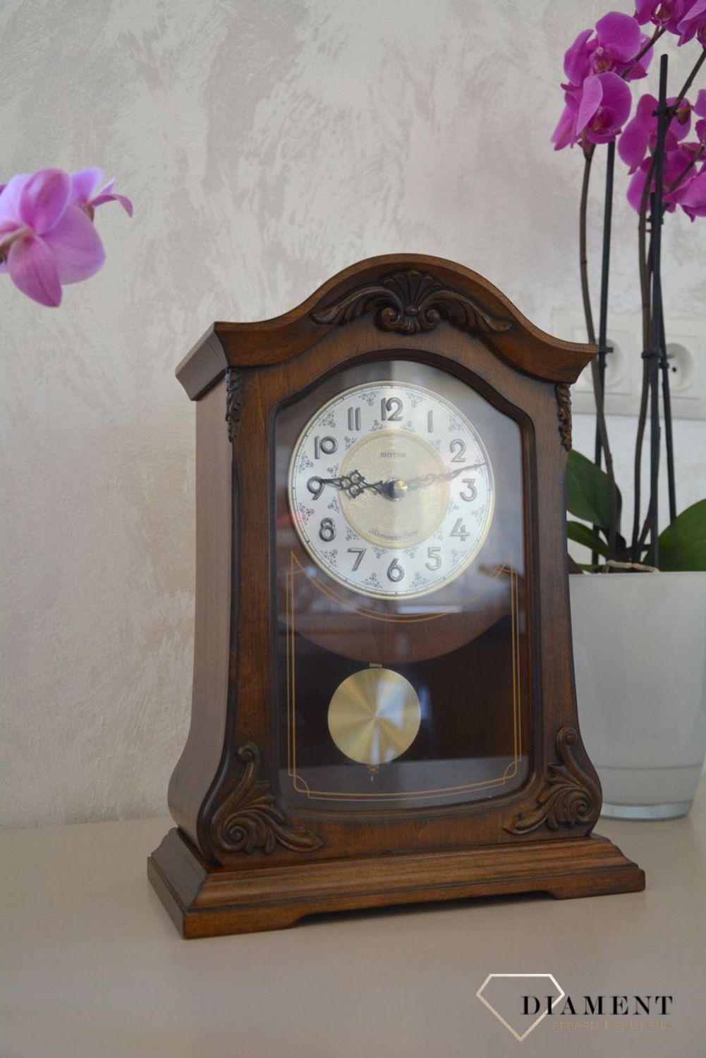 Zegar kominkowy Rhythm CRJ717CR06  Ciemny Orzech, melodyjny, kwarcowy.jpg