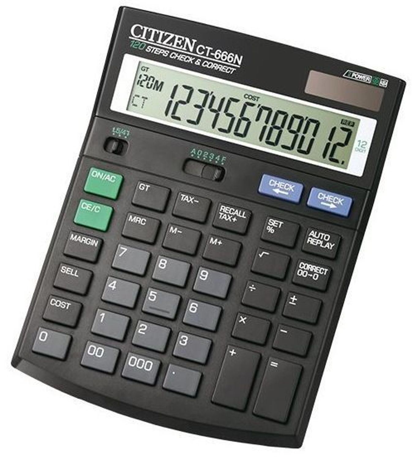 Citizen CT-666N – zaawansowany kalkulator biurowy 12-pozycyjny z funkcjami obliczeń koszt–sprzedaż–marża, podatkowych, pierwiastka kwadratowego i pamięci. Zasilanie baterią i solarne.1.jpg