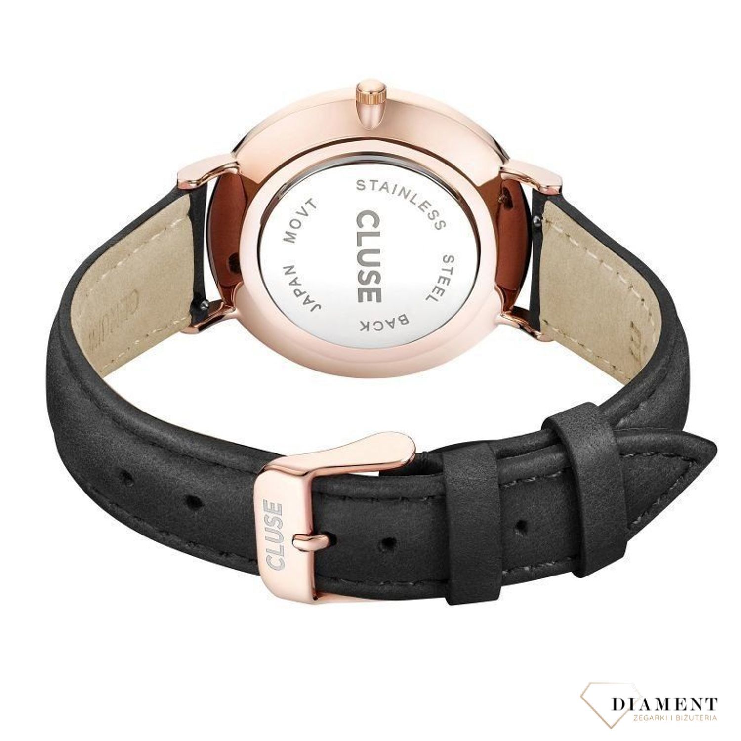 Modny zegarek damski Cluse w pięknej kolorystyce czarnej w połączeniu z różowym złotem. Zegarek damski na skórzanym pasku. Idealny pomysł na prezent.  (2).jpg