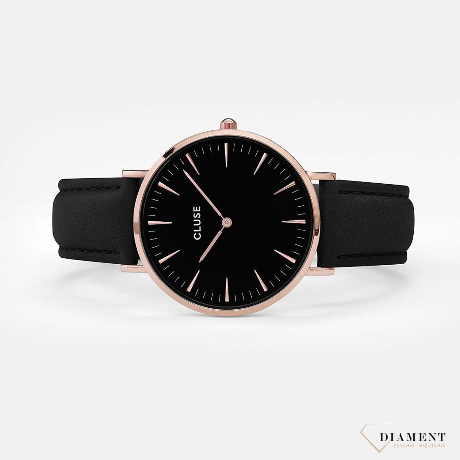 Modny zegarek damski Cluse w pięknej kolorystyce czarnej w połączeniu z różowym złotem. Zegarek damski na skórzanym pasku. Idealny pomysł na prezent.  (2).jpg