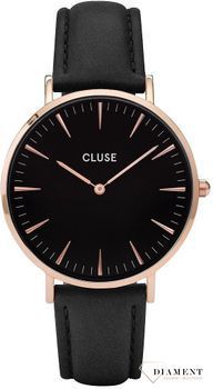 Modny zegarek damski Cluse w pięknej kolorystyce czarnej w połączeniu z różowym złotem. Zegarek damski na skórzanym pasku. Idealny pomysł na prezent.  (2).jpg