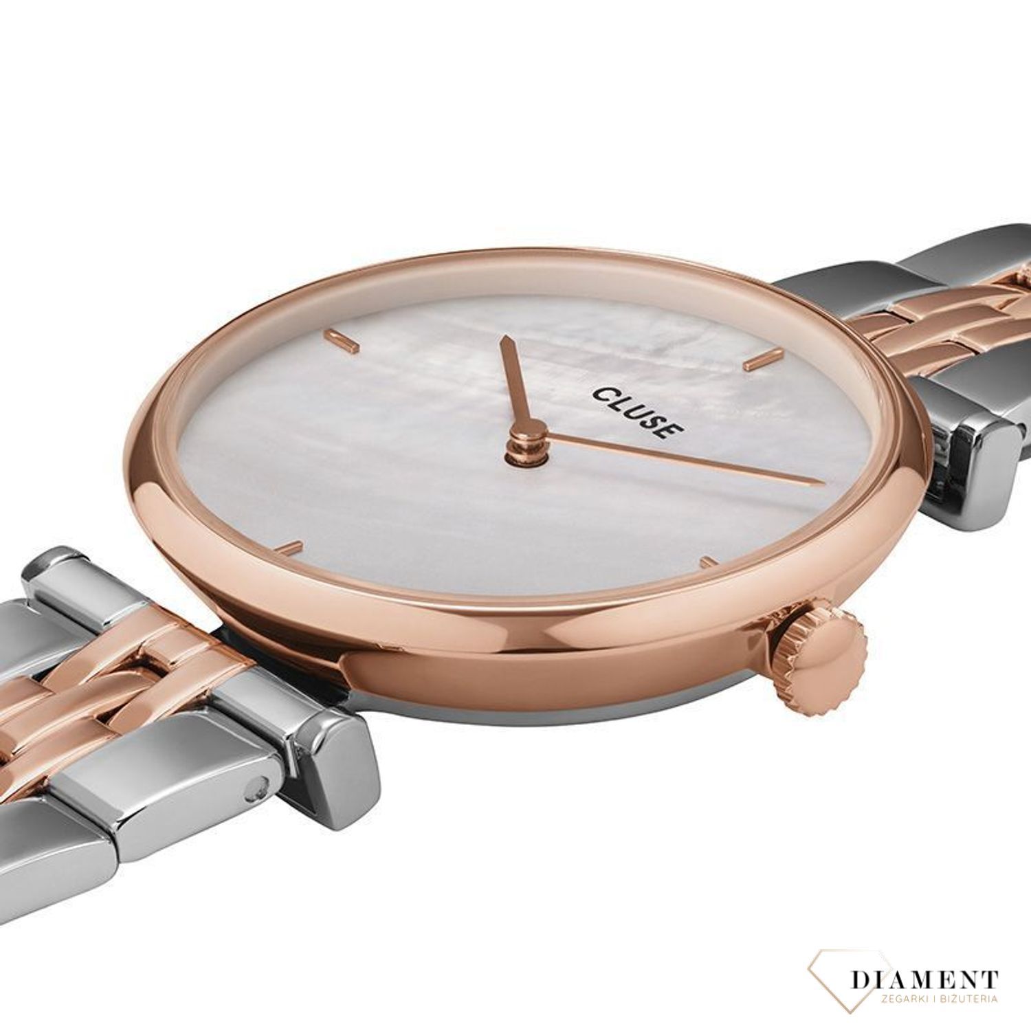 Zegarek damski Cluse w pięknej okrągłej kopercie w kolorze różowego złota z tarczą masy jubilerskiej, to modne i piękne połączenie. Zegarek to idealny prezent.  (2).jpg