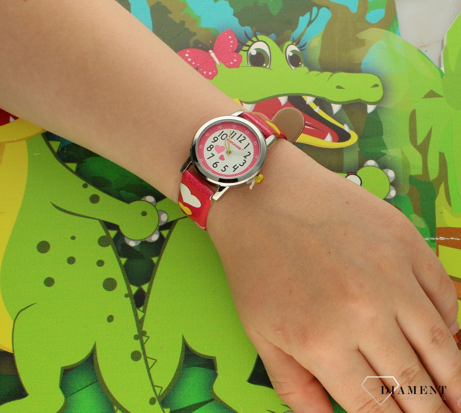 Zegarek dziecięcy dla dziewczynki 'Czerwony brokatowy z serduszkami' CWG5060 (2).jpg