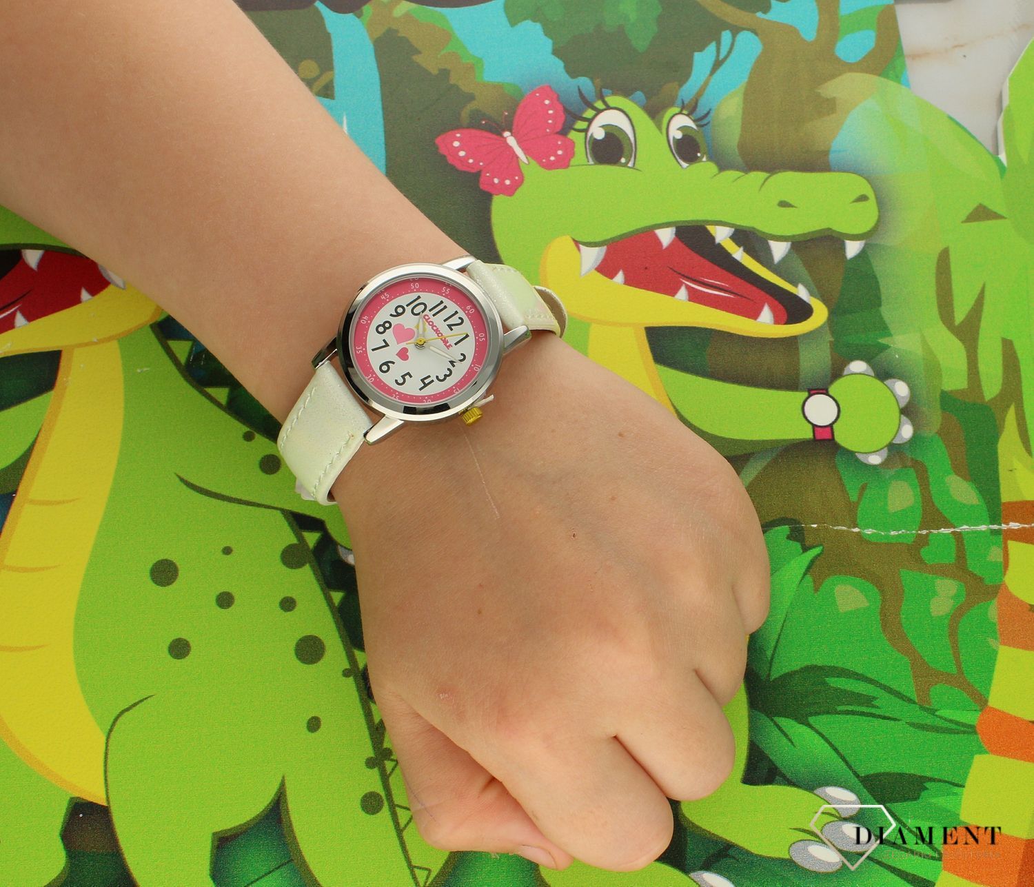 Zegarek dziecięcy dla dziewczynki Biała klasyka z różowymi sercami CWG5067. Zegarek dla dziecka LAVVU CLOCKODILE CWG5067 biały brokat pasek na baterię. Zegarek dla dziecka. Dziecięcy pierwszy zegarek. Zegarek do łatwego odczytania (3).jpg