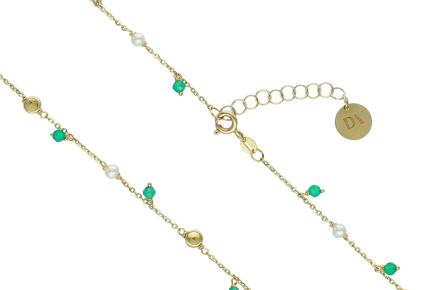 Naszyjnik złoty zielone kryształki pr 585, D0GACO0467SZM Złoty naszyjnik celebrytka ozdobiona kryształkami w zielonym kolorze, oddzielonymi perełkami. Niezwykły blask kruszcu1.jpg