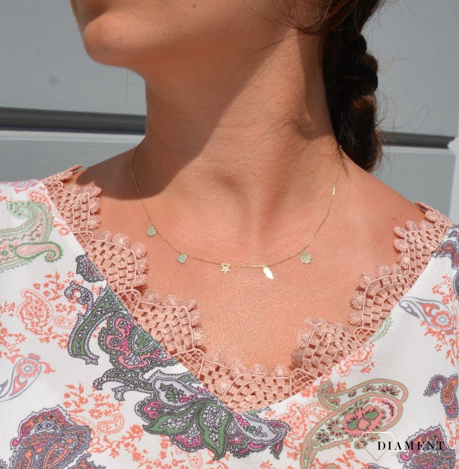 Złoty naszyjnik celebrytka 585 'koniczynka, piórko, gwiazdka, serce, kółko'.jpg