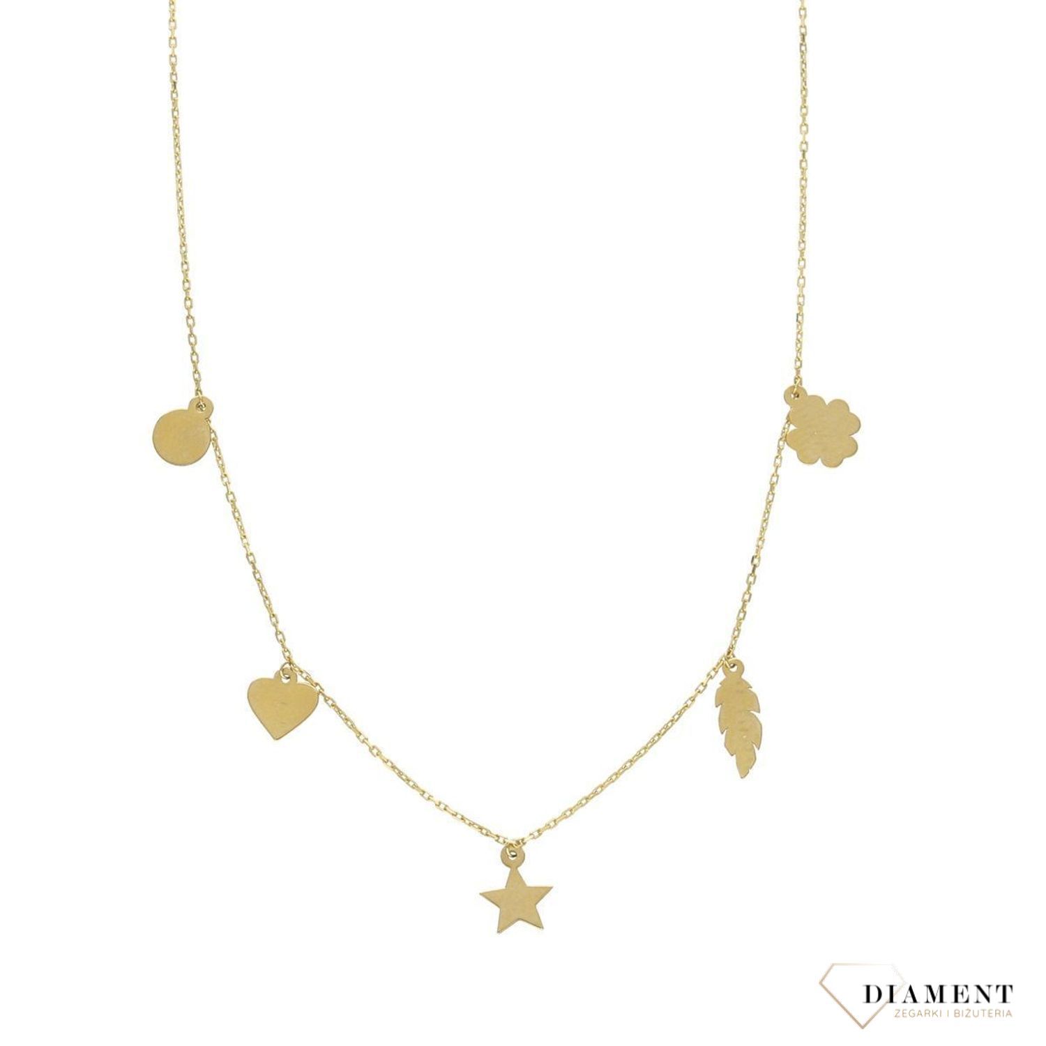 Złoty naszyjnik celebrytka 585 'koniczynka, piórko, gwiazdka, serce, kółko'.jpg