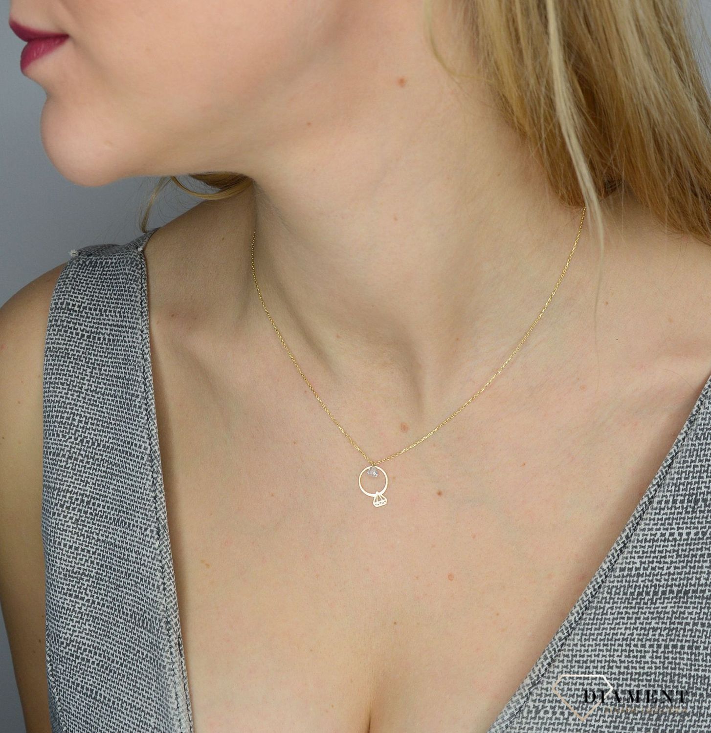 Naszyjnik złoty celebrytka 585 'Pierścionek z diamencikiem i cyrkonią' DBN000000-111.jpg